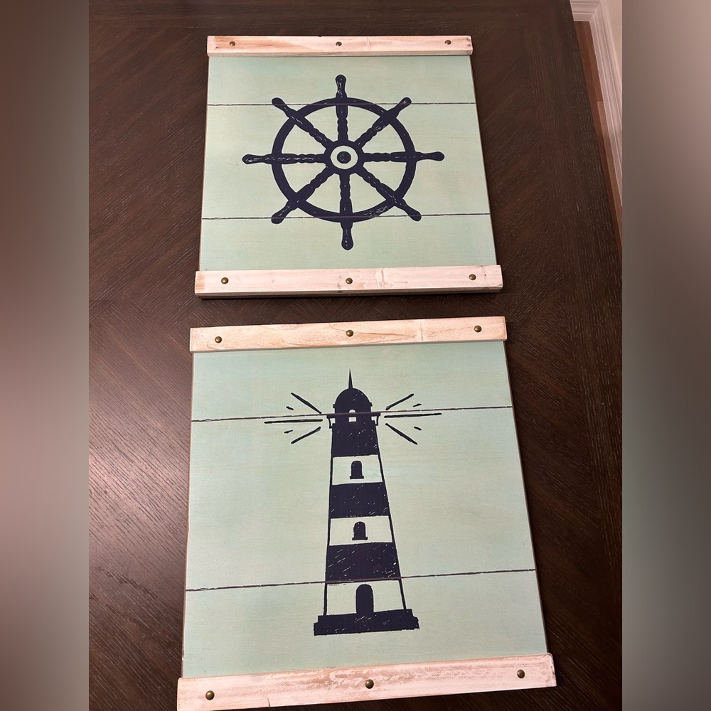 Nautical Wall Art - Captain’s / Ship’s steering wheel and lighthouse